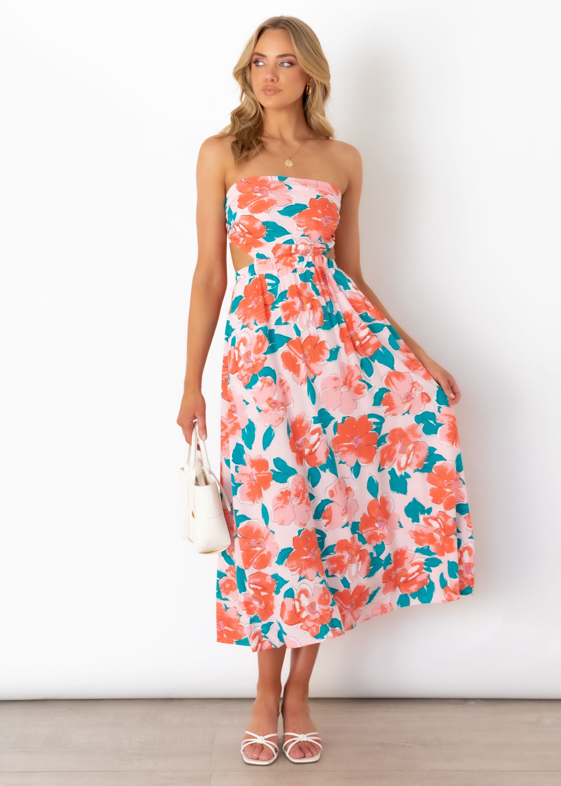 Dimity Strapless Midi Dress - Coral Floral